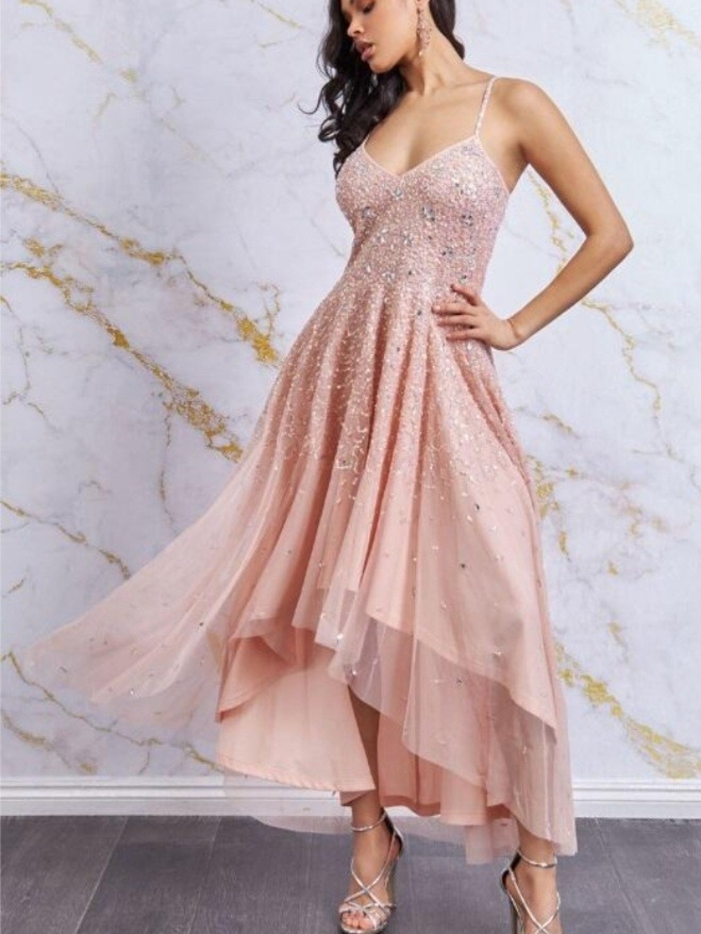 😍Danaya Peach Pink Embellished High-Low Spaghetti Strap Dress Size 10